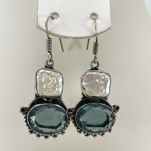 925 Vintage Earrings Pearl Teal Blue Glass Dangle Statement Stunning Boho